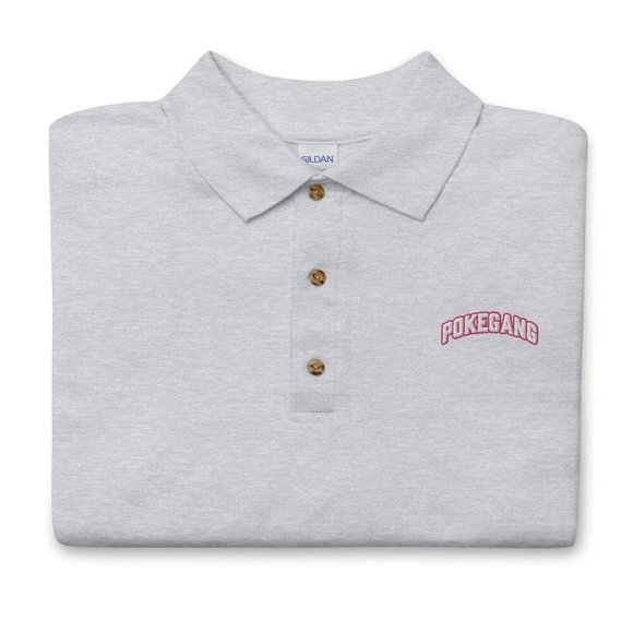 PokeGang Men's Gray Short Sleeve Button Up Pink Logo Sport Polo Shirt Size S - Picture 1 of 2